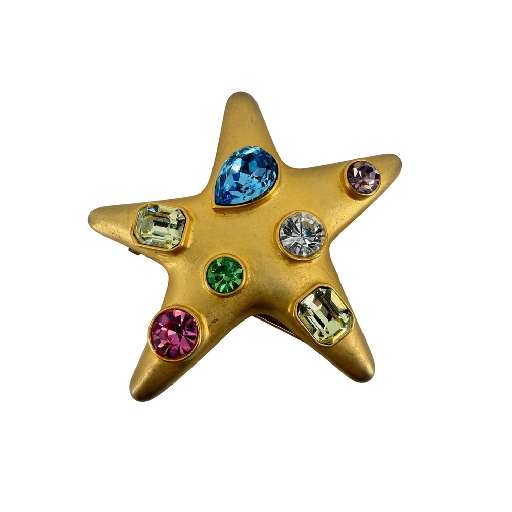 Kenneth Jay Lane Vintage Starfish Brooch Multi Color Crystal Gold Tone Nautical